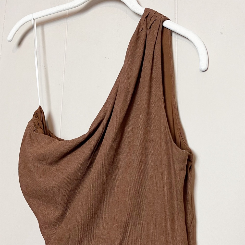 Billy J NWT Cleo Mini Dress 6 Brown One Shoulder Cutout Linen Blend Minimalist - Picture 5 of 13